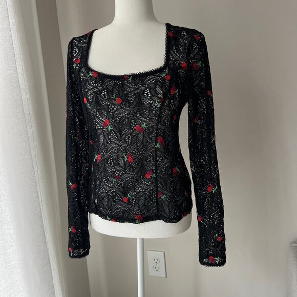 Free People Cherry Embroidered Black lace Top - Picture 2 of 6